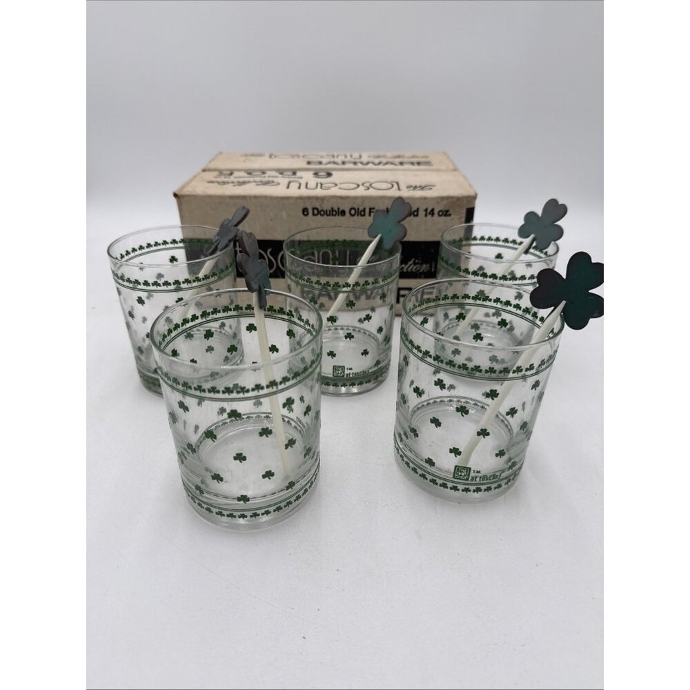 Vintage Toscany Bareware Cover Leaf Double old fashioned Glasses Stirrers Set 5